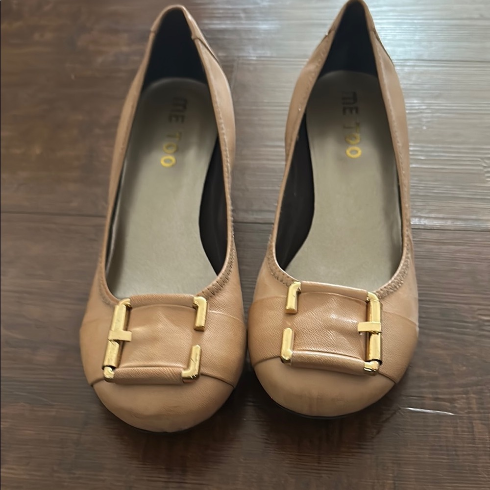 Me Too Tan Leather Flats with Gold Buckle